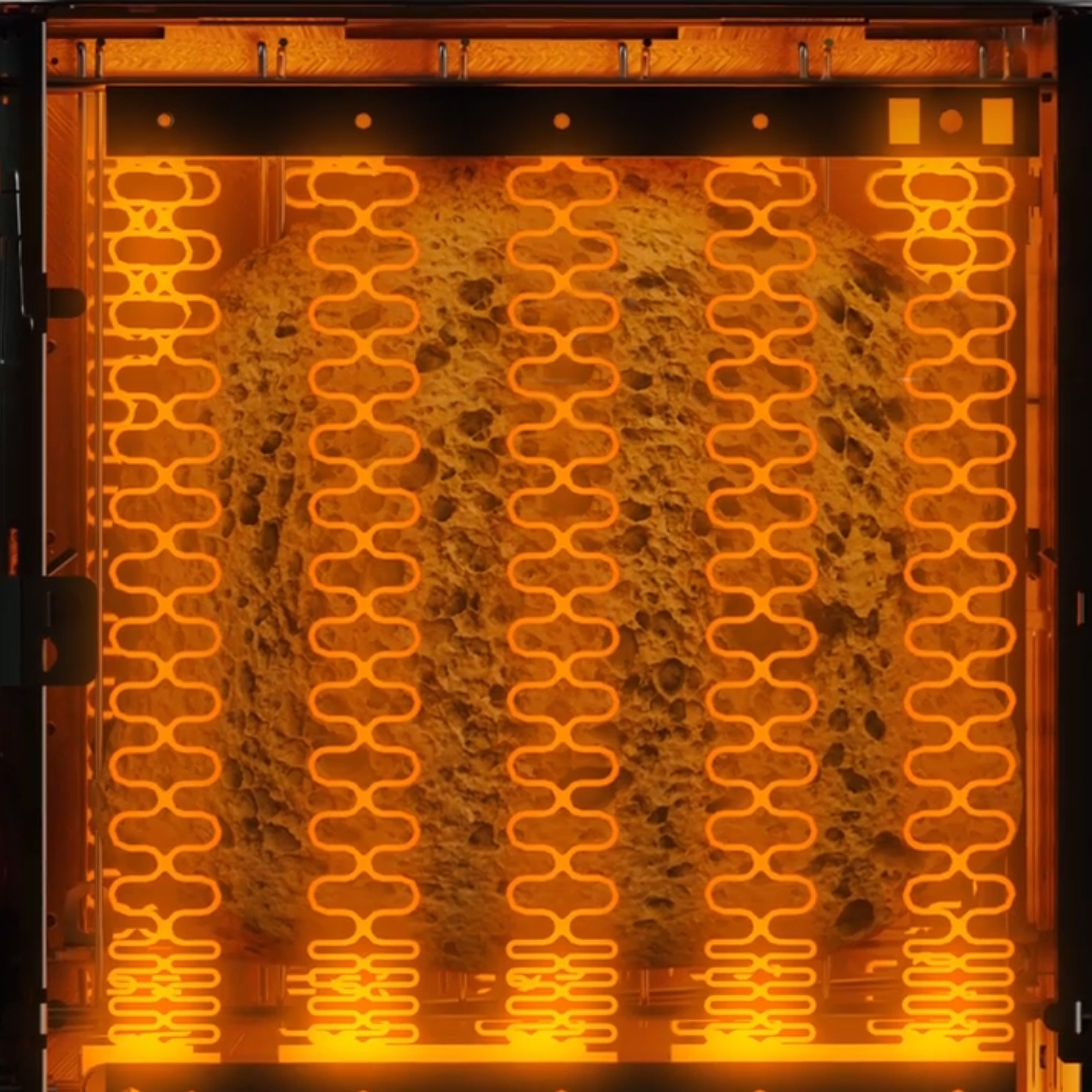 A loaf of bread seen through the transparent door of an oven, with orange heating elements glowing brightly around it. The bread appears brown and crusty, surrounded by a warm, illuminated interior.