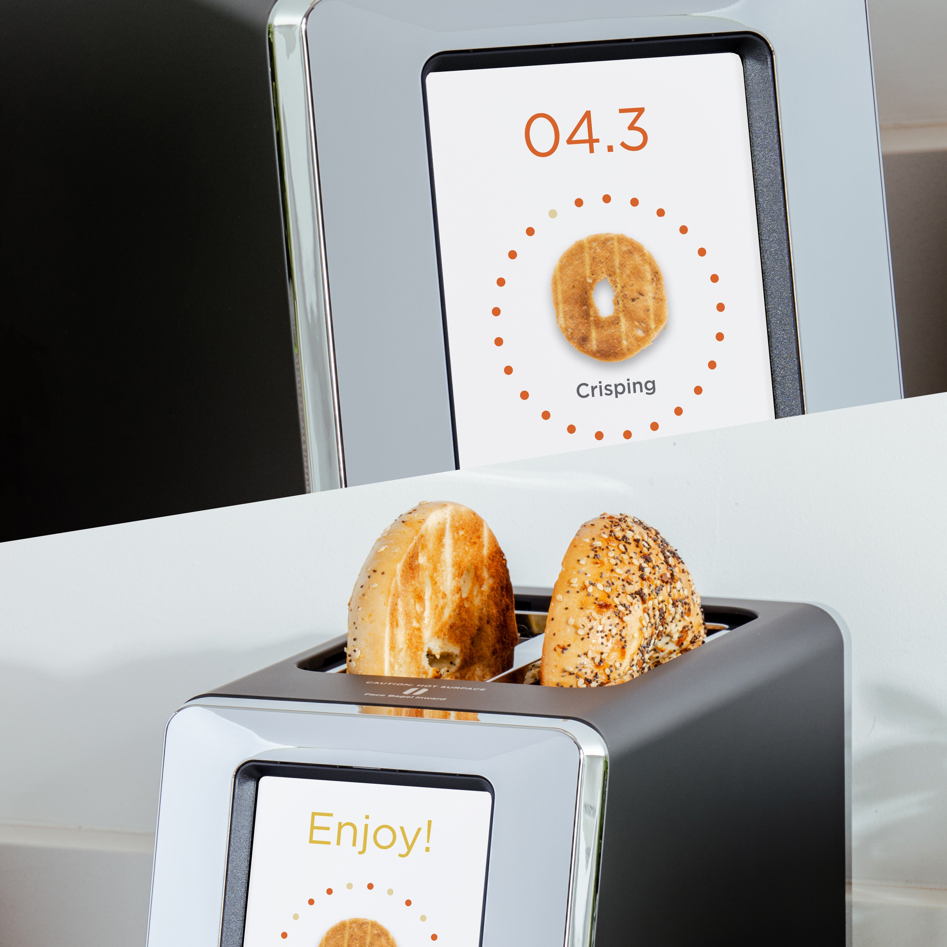 A modern toaster with a digital display is shown. The top image displays "04.3" and "Crisping" with a bagel graphic. The bottom image shows two bagel halves being toasted, accompanied by "Enjoy!" on the screen.