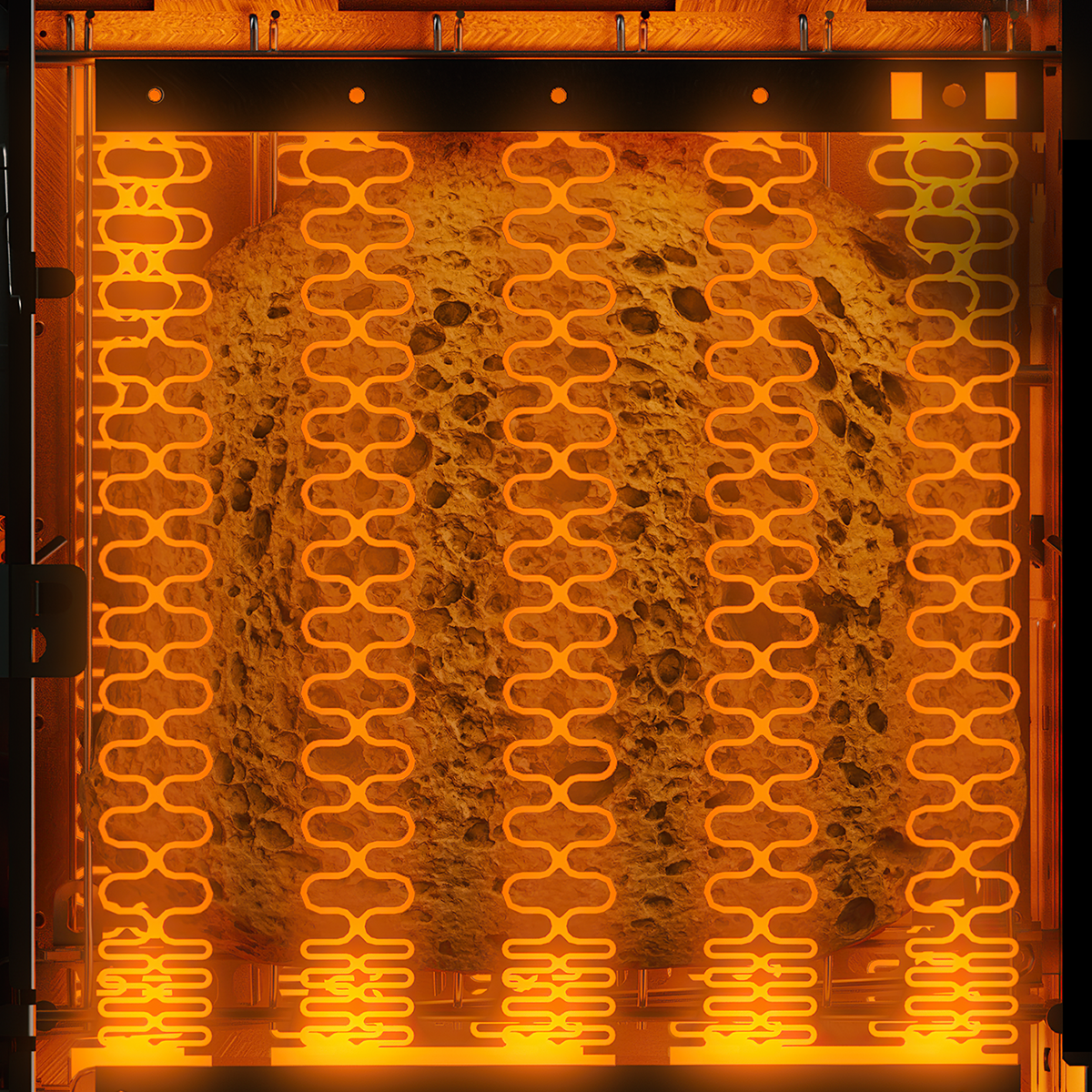 A slice of brown bread being toasted inside a toaster, surrounded by glowing orange heating elements. The toast appears to be in the process of browning evenly.