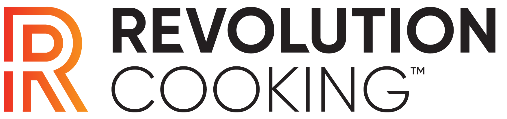 The logo for "Revolution Cooking" includes a stylized letter "R" in shades of orange and red on the left. The brand name "Revolution Cooking" is written in bold black text to the right.
