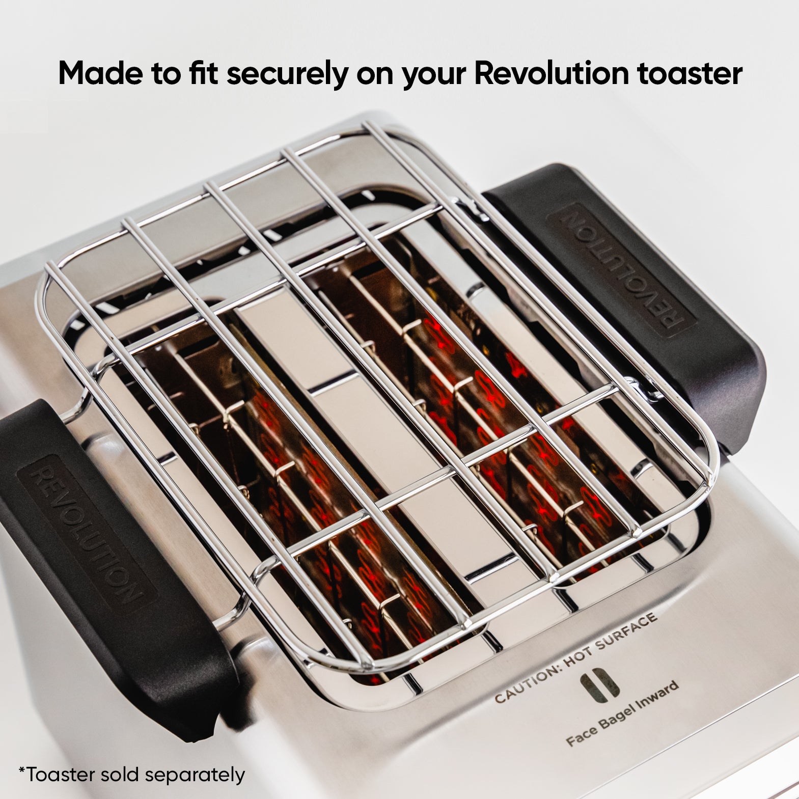 top of toaster and warming rack on top. Text says "made to fit securely on your Revolution Toaster. Toaster sold separately"